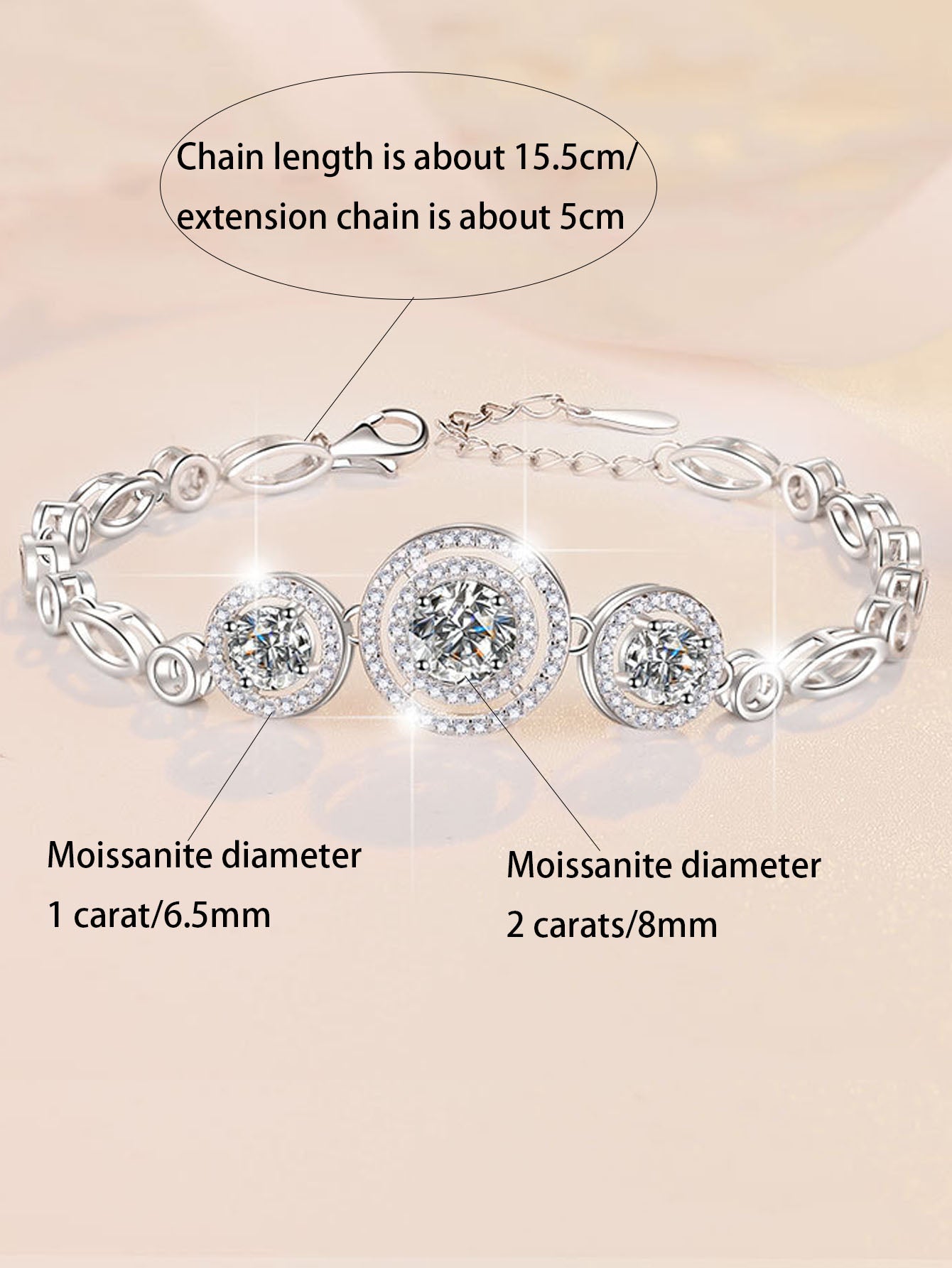 S925 Silver 2 Carat Moissanite Round Bead Bracelet Elegant High-End Luxury for European American for Party Wedding