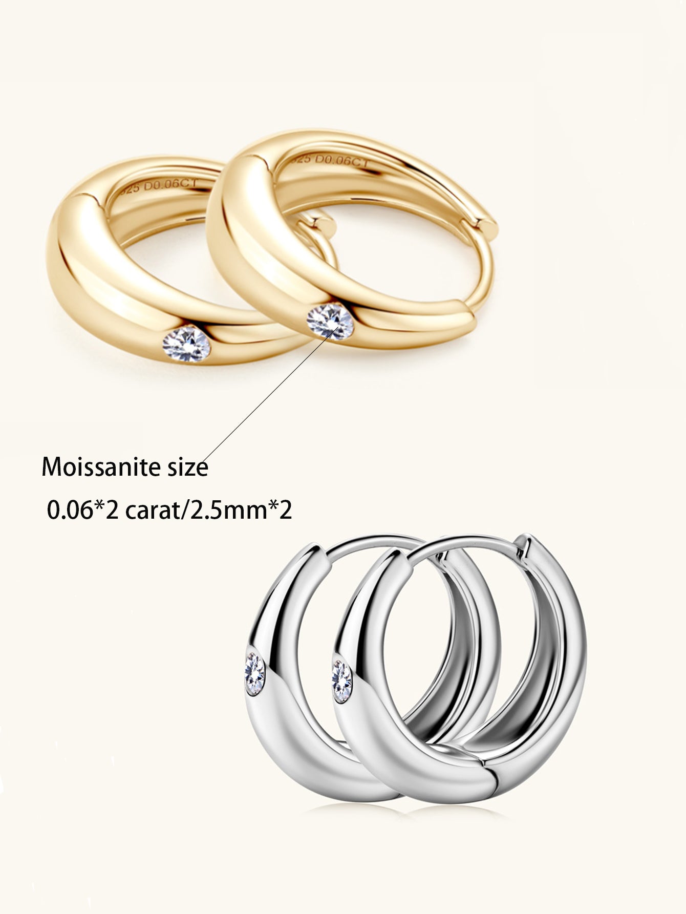 S925 Silver 0.06 Carat Moissanite Retro Earrings European American Style Punk Light Luxury, Gold color