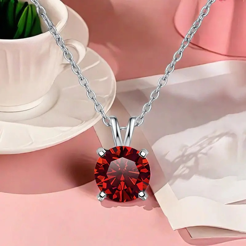 Fine Jewelry Unisex Classic S925 Sterling Silver Pendant Necklace Colour Moissanite VV1 Link Chain Valentine Gift Certified, Silver, 3ct, Red stone
