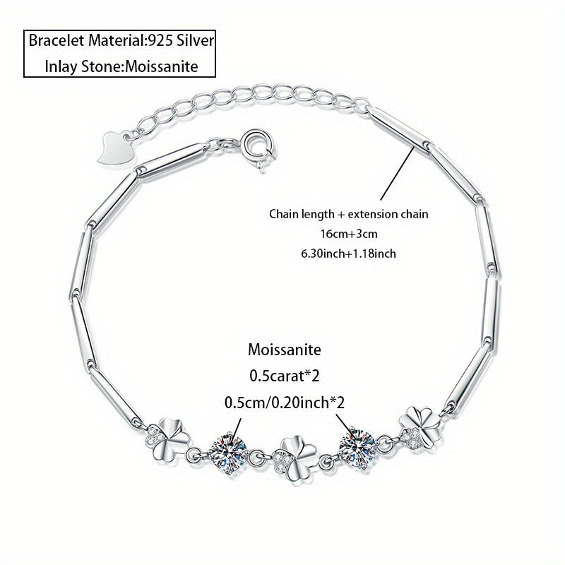 Moissanite Bracelet in 925 Silver Four-Leaf Clover Style Shining Gorgeous Jewelry for Parties