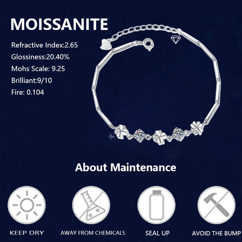 Moissanite Bracelet in 925 Silver Four-Leaf Clover Style Shining Gorgeous Jewelry for Parties