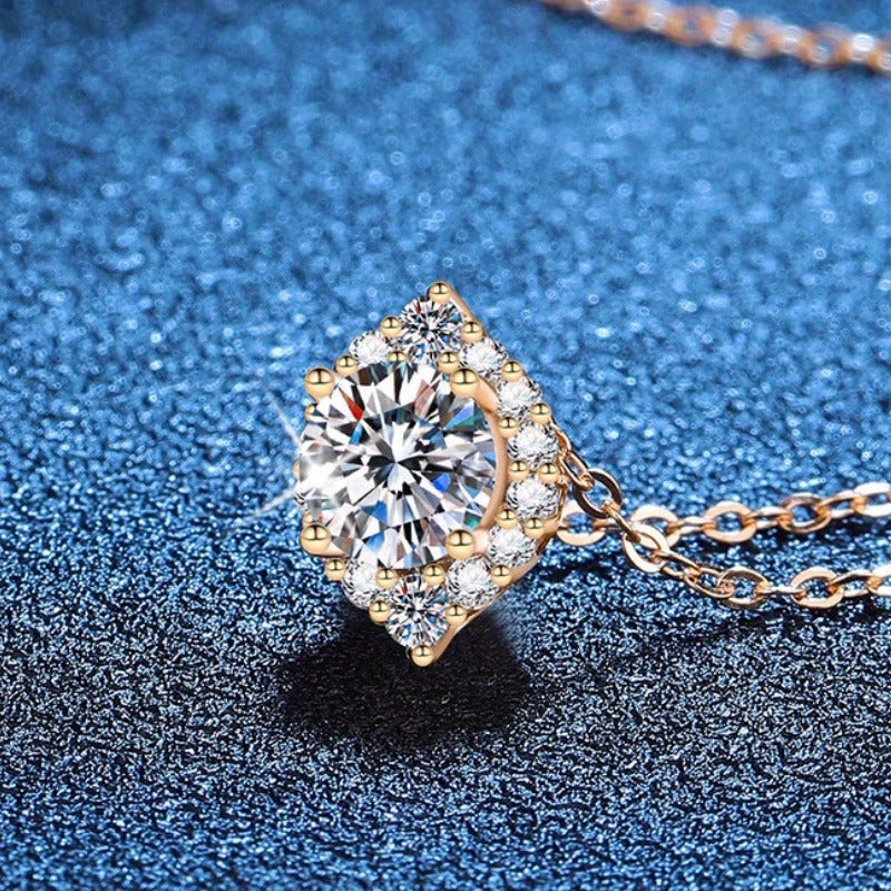 Gorgeous Shiny 925 Silver 1 Carat Moissanite Necklace Fashion Jewelry for Easter Party or Wedding Perfect Gift, 18 inch, Gold Color