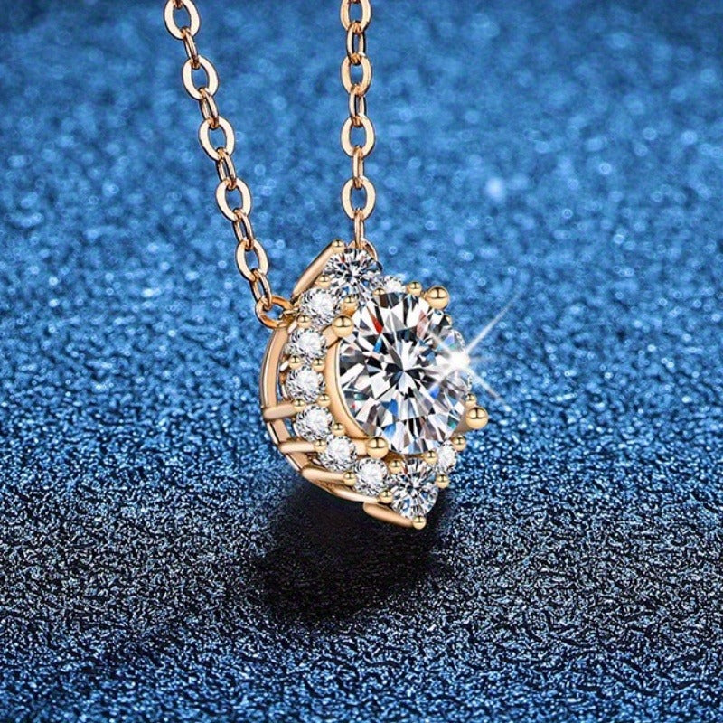 Gorgeous Shiny 925 Silver 1 Carat Moissanite Necklace Fashion Jewelry for Easter Party or Wedding Perfect Gift, 18 inch, Gold Color