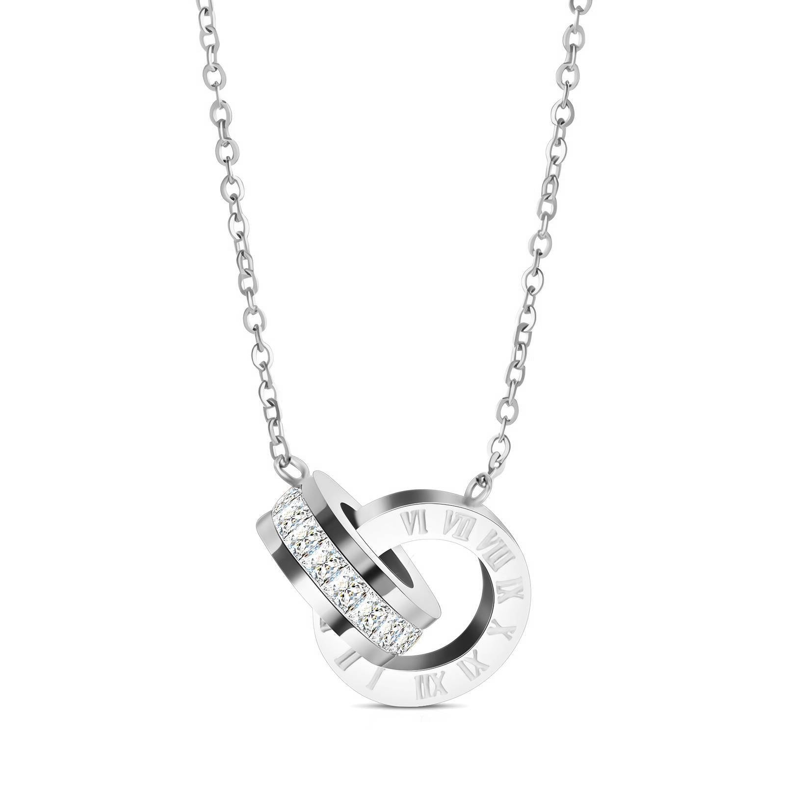Modern Interlocking Circle Necklace – Stainless Steel with Cubic Zirconia Waterproof & Hypoallergenic
