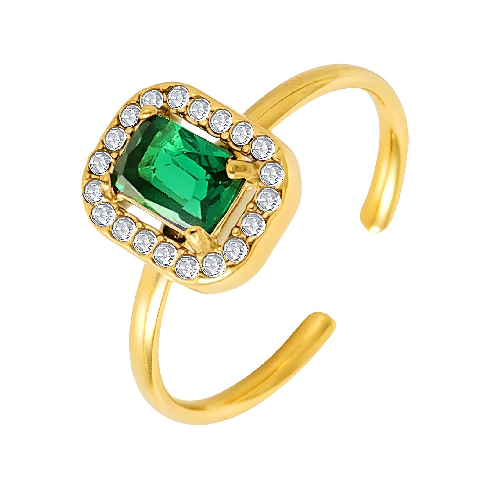 Stunning Green stone Adjustable Ring in 18K Gold-Plated 316 Stainless Steel with Cubic Zirconia Waterproof