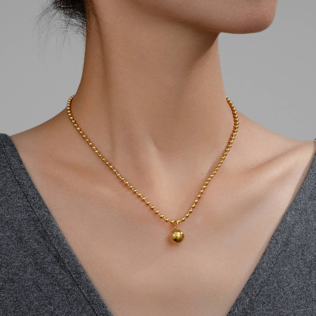 Gold-Plated Bead Pendant Necklace, 18K Gold Plated Steel