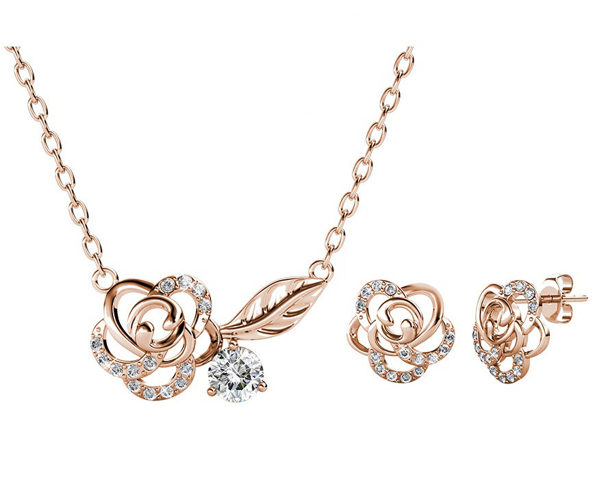 Rose Flower Pendant and Earrings Set Embellished with Swarovski ® Crystals
